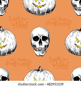 Vector seamless pattern of human skulls and pumpkins isolated on orange background. Hand drawn engraved style. Happy Halloween. Trick or treat. Use for wrapping paper, design, store, party, textile. 