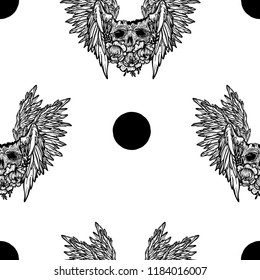 Vector seamless pattern with a human skull,wings and flowers. Gothic brutal skull. Angel. For print t-shirts or book coloring.