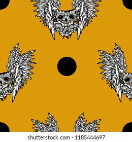 Vector seamless pattern with a human skull,wings and flowers. Gothic brutal skull. Angel. For print t-shirts or book coloring.