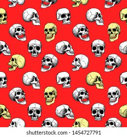 Vector seamless pattern with human white, yellow skulls on a red background. Line art  in tattoo  style. Background for Halloween.