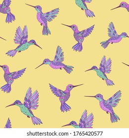 Patrón de vectores sin fisuras con colibrí. Impresión decorativa para envolturas, papel pintado y tela. Textura vectorial sin inconvenientes. 