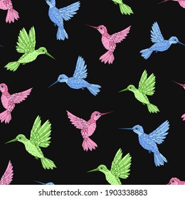 Vektornahtloses Muster mit Kolibris. Dekorationsdruck für Umhüllung, Tapete, Stoff. Nahtlose Vektorstruktur. 