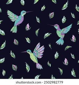 Patrón sin fisuras de Vector con colibrí y Elementos florales. Impresión de la decoración para envolver, Fondo de pantalla, tela. Textura de Vector sin costuras. 