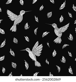 Vector seamless pattern with  hummingbird and floral elements. Decoration print for wrapping, wallpaper, fabric. Seamless vector texture. 