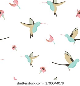 Vector seamless pattern with hummingbirds and hibiscuses. Tropical theme. Suitable for fabric, paper or web background design