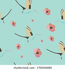 Vector de patrón transparente con colibríes e hibiscos. Tema tropical. Adecuado para el diseño de tela, papel o fondo web