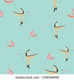 Vector seamless pattern with hummingbirds and hibiscuses. Tropical theme. Suitable for fabric, paper or web background design