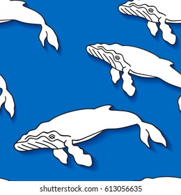 Vector seamless pattern with humpback whales on blue background