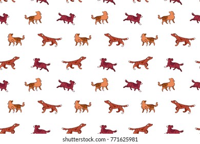 Vector seamless pattern with hunting dogs in cartoon style, isolated on white background.