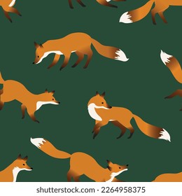 Vector seamless pattern, hunting foxes. Realistic illustration of a fox jumping done in vintage style. Beautiful animal design elements.