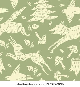 vector seamless pattern with hunting wolfs, hares and birds 