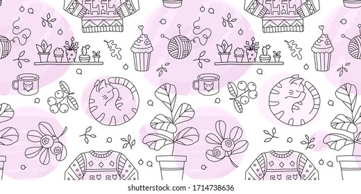 Vector seamless pattern with Hygge concept and cozy home things like sweater, tea, cat,  houseplants. Danish living concept. Hand drawn style, line, Watercolor effect.