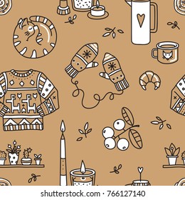 Vector seamless pattern with Hygge concept and cozy home things like candles, gloves, sweater, tea, cat, pastries, houseplants. Danish living concept. Greeting card template, hand drawn style.