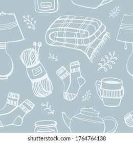 Vector seamless pattern of hygge elements. Useable for  posters, stickers, prints, illustrating, textiles, wrappers, wallpapers, surface design.