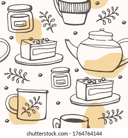 Vector seamless pattern of hygge elements. Useable for  posters, stickers, prints, illustrating, textiles, wrappers, wallpapers, surface design.
