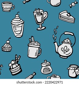Vector seamless pattern of hygge elements. Useable for  posters, stickers, prints, illustrating, textiles, wrappers, wallpapers, surface design