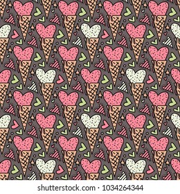 Vector seamless pattern with ice cream in the form of heart in a waffle cup and hearts.