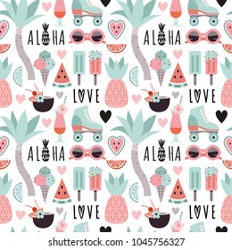 Vector seamless pattern with ice cream, palm trees, cocktails, tropical flowers. Beach party background