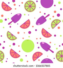 Vector seamless pattern with ice cream, citrus and lime slices. Colorful food background. For restaurant, cafe menu, banners, wrapping paper, wallpaper, print on clothes, cover. Cute design