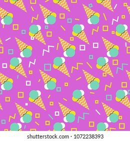 Vector seamless pattern with ice cream on lilac backdrop. Background for textile and fabric. Creative colorful wallpaper. EPS10.
