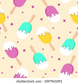 Vector seamless pattern with ice cream in color glaze. Cute background for greeting card, textile or fabric, poster, print on clothing, ice-cream cafe, dessert menu cover. Creative summer wallpaper.