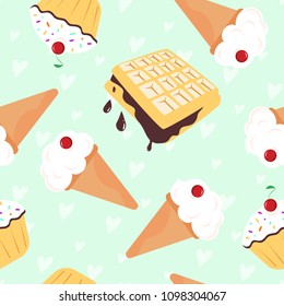 Vector seamless pattern with ice cream in cone, viennese waffle, cap cake . Cute background for greeting card, textile or fabric, poster, print, ice-cream cafe, menu cover. Creative summer wallpaper.