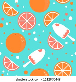 Vector seamless pattern with ice cream, orange and grapefruit slices. Colorful food background. For restaurant, cafe menu, banners, wrapping paper, wallpaper, print on clothes, cover. Cute design.