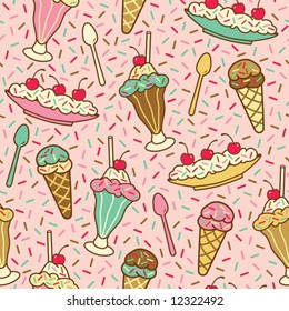Vector seamless pattern of ice cream desserts with a "strawberry" background color. Repeat size is 6.3125".
