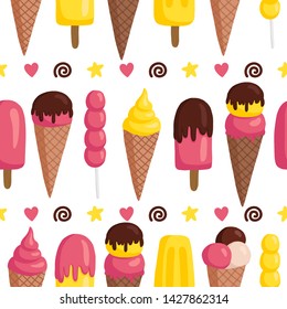 vector seamless pattern with ice cream: fruit ice, sugar cone, soft. Bright summer illustration in the style of hand-drawn flat.