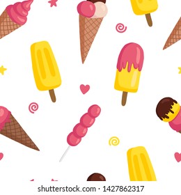 vector seamless pattern with ice cream: fruit ice, sugar cone, soft. Bright summer illustration in the style of hand-drawn flat.