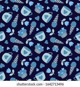 Vector seamless pattern with ice cream cones, cupcakes, cups and flowers on dark blue background for fabric, package, wallpaper, wrapping paper, textile, web design.