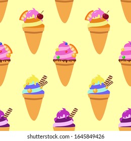 Vector seamless pattern. Ice cream cones on yellow background. Summer set