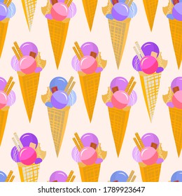 Vector seamless pattern with ice cream with balls Endless summer background and print for printing on clothes, fabric. Background for social network, sale, summer promotions that melt.