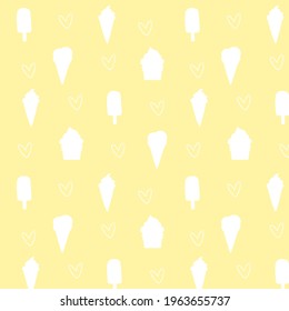 Vector seamless pattern with ice cream and hearts. Summer pattern with white objects on a yellow background. Suitable for packaging, fabrics, prints, holiday backdrops.