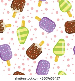 Vector seamless pattern of ice cream. Ice cream with fruit juice. Popsicle on a stick, ice cream with chocolate glaze, sprinkled