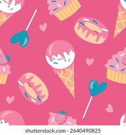 vector seamless pattern with ice cream, donuts and lollypops