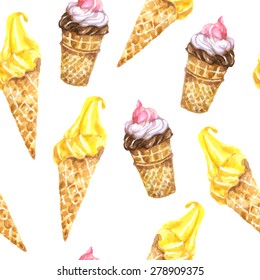 Vector seamless pattern with ice cream cones; hand drawn watercolor summer background