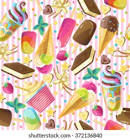 Vector seamless pattern with ice cream. Can be used for fabrics, wallpapers, ornamental template for design and decoration, etc