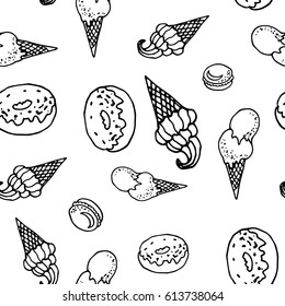 Vector seamless pattern with ice cream and donuts doodle hand drawn illustration