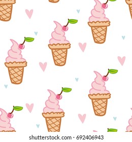Vector seamless pattern of ice cream with cherries and hearts. Hand drawn illustration