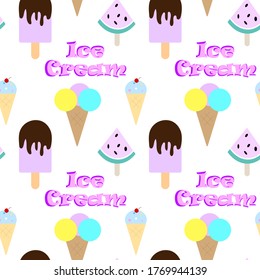 Vector seamless pattern with ice cream.Cartoon cute style. Modern summer fashion print background.