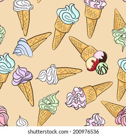 Vector seamless pattern with ice creams, hand drawn  illustration