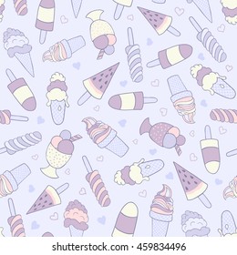 vector seamless pattern, ice creams and hearts on light blue background
