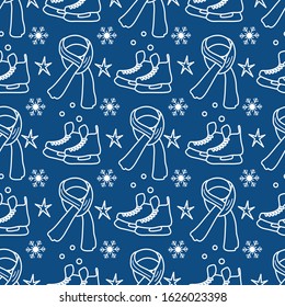 Vector seamless pattern Ice skates, scarf, snowflakes, stars. Winter holiday fun and entertainment concept. Ice skating rink. Sport. Design for packaging, fabric, print