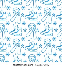 Vector seamless pattern Ice skates, scarf, snowflakes, stars. Winter holiday fun and entertainment concept. Ice skating rink. Sport. Design for packaging, fabric, print