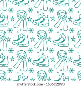 Vector seamless pattern Ice skates, scarf, snowflakes, stars. Winter holiday fun and entertainment concept. Ice skating rink. Sport. Design for packaging, fabric, print