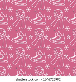 Vector seamless pattern Ice skates, scarf, snowflakes, stars. Winter holiday fun and entertainment concept. Ice skating rink. Sport. Design for packaging, fabric, print