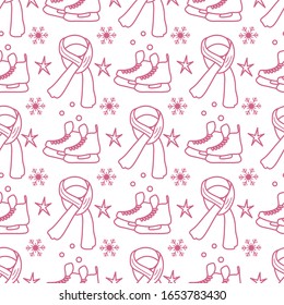 Vector seamless pattern Ice skates, scarf, snowflakes, stars. Winter holiday fun and entertainment concept. Ice skating rink. Sport. Design for packaging, fabric, print