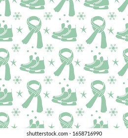 Vector seamless pattern Ice skates, scarf, snowflakes, stars. Winter holiday fun and entertainment concept. Ice skating rink. Sport. Design for packaging, fabric, print
