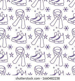 Vector seamless pattern Ice skates, scarf, snowflakes, stars. Winter holiday fun and entertainment concept. Ice skating rink. Sport. Design for packaging, fabric, print